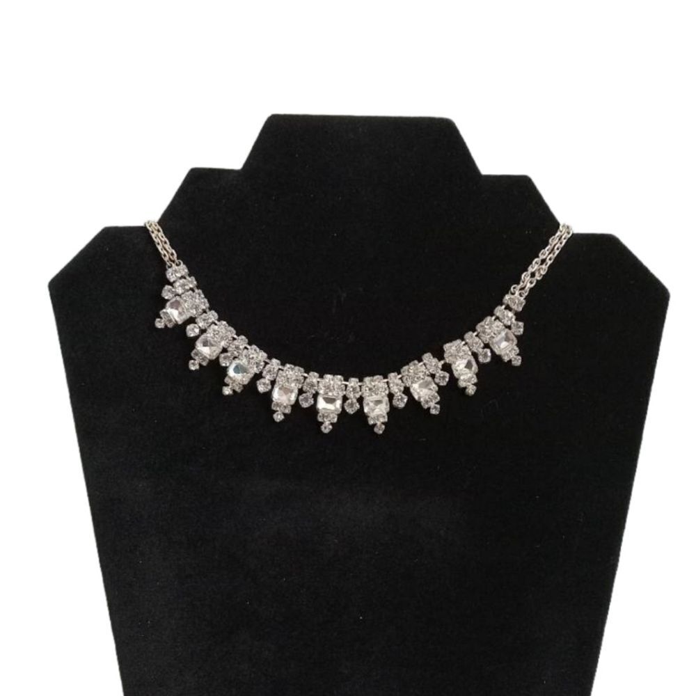 Silver Toned Metal Clear Crystal Rhinestones Double Strand Statement Necklace